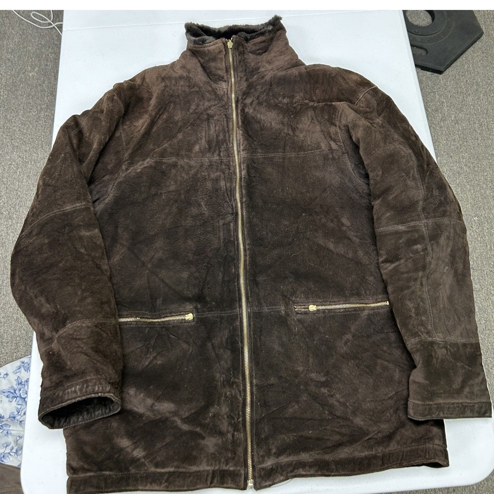 Unbranded Suede Leather Jacket Mens XL Brown Faux Fur Lined Full Zip Heavyweight